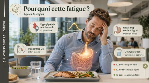 Fatigue après repas  causes de la somnolence, hypoglycémie réactionnelle, repas trop copieux et déshydratation - Herboristerie Sensathé